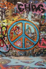 A wall covered in colorful graffiti, featuring a prominent peace sign symbol