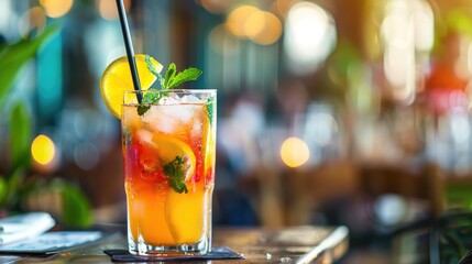 Alcoholic mixed drink displayed on restaurant table