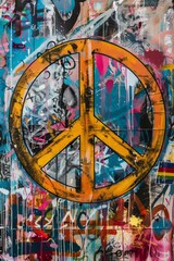 A painting of a peace sign displayed prominently on a brick wall