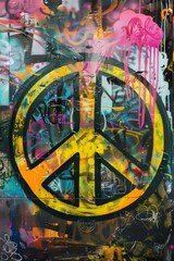 A view of a vibrant peace sign painted on a weathered urban wall, standing out against the gritty backdrop