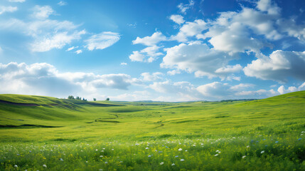 Fototapeta premium Sunny Green Field Background: Blue Sky Radiant Bliss