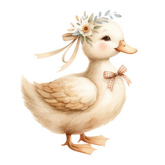 Adorable illustration of a cute duck wearing floral headband and ribbon, perfect for children's designs and nursery decor.