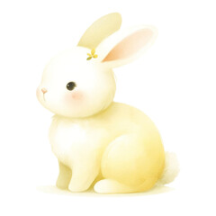 Cute, fluffy cream bunny rabbit with a delicate blossom detail on its ear, isolated. Ideal for Easter, spring themes, or children's illustrations.