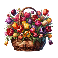 Colorful basket brimming with vibrant tulips in various hues, symbolizing spring and renewal, perfect for floral displays or seasonal decor.