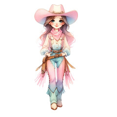 Cute illustration of a girl dressed in a colorful cowgirl costume, complete with hat and boots, perfect for themed artwork or children's stories.