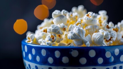 A blue and white ceramic bowl filled to the brim with fluffy popcorn kernels