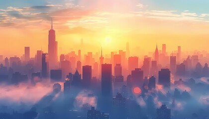 Fototapeta premium Imagine a flat design of a city skyline shrouded in smog