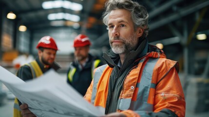 Amidst the hustle and bustle of the workspace, a male architect dons reflective attire as he carefully examines a blueprint, oblivious to the chatter of his coworkers nearby