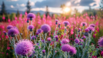 Stunning scenes of thistle blooming, Expansive natural garden brimming with diverse range of thistle in full bloom, conditions, tranquil and rejuvenating atmosphere. Generative AI.