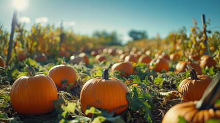 A field filled with pumpkins, neatly arranged on top of a vibrant green field