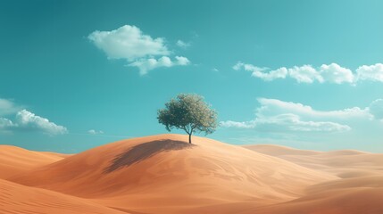3d render Surreal dune landscape background with alone tree, abstract fantastic desert dune in...