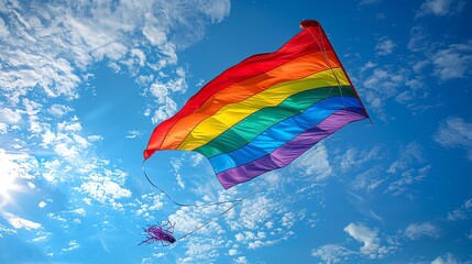 A rainbow-colored kite flying at a Pride festival