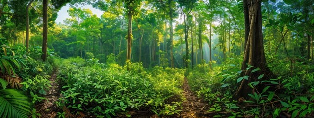 Deep tropical jungles, lush green foliage thrives under the warm sun.
