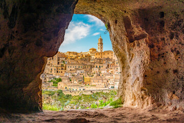 View of the ancient town of Matera, Sassi di Matera in Basilicata, southern Italy. grotto cave on Sassi di Matera
