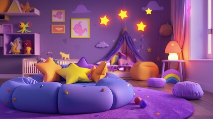 A vibrant baby room with a rainbow of toys, golden string lights draped across the ceiling, and colorful wall decals.