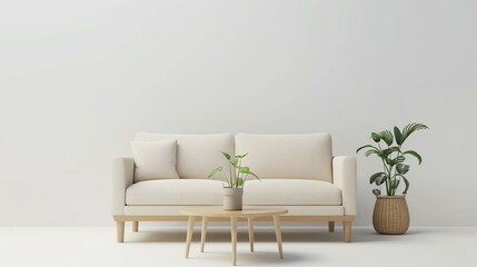 Modern living room interior with white empty wall background and beige sofa
