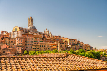 Siena, medieval town in Tuscany, with view of the Dome & Bell Tower of Siena Cathedral,  Mangia...