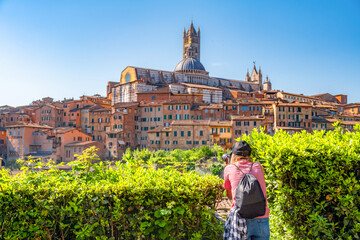 Obraz premium Siena, medieval town in Tuscany, with view of the Dome & Bell Tower of Siena Cathedral, Mangia Tower and Basilica of San Domenico, Italy