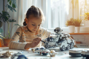 A little girl constructs a robot while sitting at a table in a h