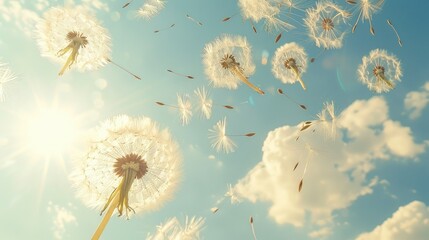Naklejka premium Delicate dandelion seeds dancing in the breeze against a bright spring sky