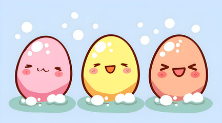 Three cartoon eggs are sitting in a bathtub. They are smiling and looking at the camera. The bathtub is blue and the eggs are yellow and pink