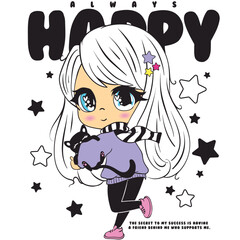 always happy, Cute girl with long hair plays with her best friend, a black cat