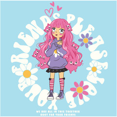 girls and cats, cute girl with cats playing in her pink long hair