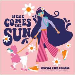 here comes the sun, Animal-loving retro girl with long wavy hair walks her cool dog