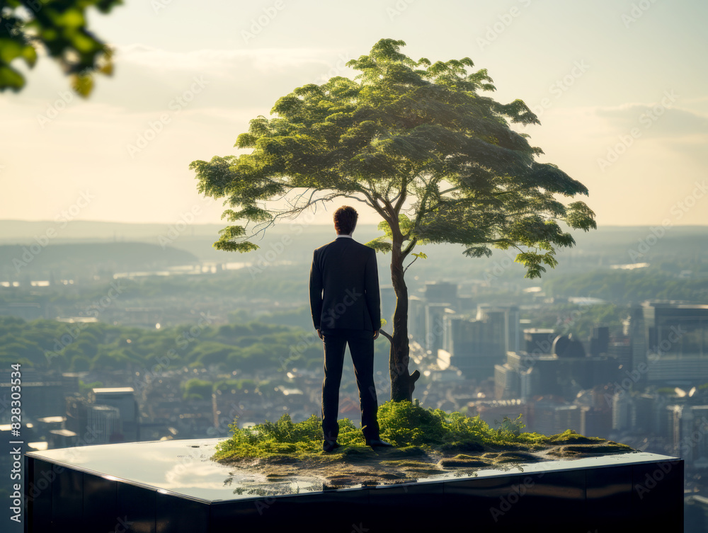 Poster a man in a suit stands beside a lone tree on a platform, overlooking a cityscape, symbolizing enviro