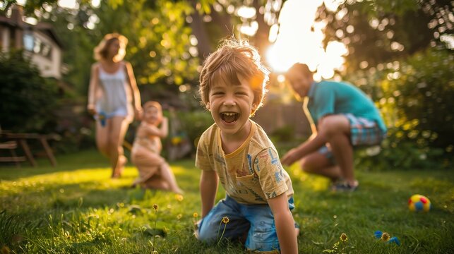 Happy family is playing together in the yard