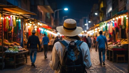 Back view Woman with backpack and hat walking down exotic market street, surrounded by vibrant stalls and lights. Concept travel tourism trip in bazaar Arab country or Egypt.