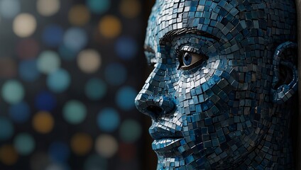 A close up of a blue head made out of mosaic tiles,.