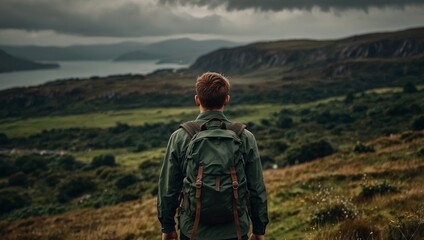 A couple of young hikers with heavy backpacks admiring scenic view of spectacular Irish nature. Breathtaking landscape of Ireland. Hiking by foot.