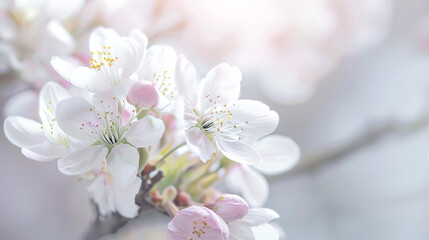 Fototapeta premium Delicate white cherry blossoms in bloom. Soft focus image of delicate white cherry blossoms in bloom, capturing the beauty and serenity of spring.