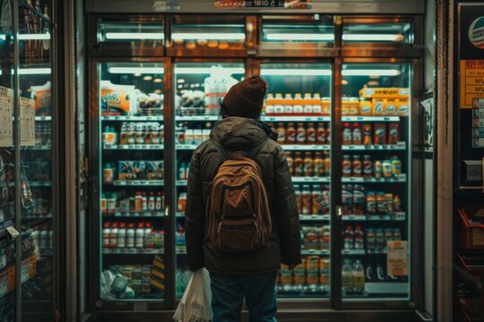 man standing in front of a store with a backpack, glocery store 
