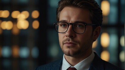 Fototapeta premium A man with glasses and a suit standing in front of some windows,.