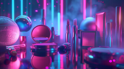 Pink and blue glowing mechanical looking objects on a reflective surface.

