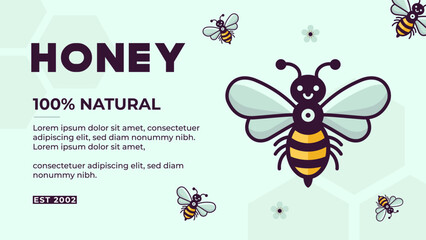 Natural Honey Web Banner. Honey Bee Web Template for Honeycomb Business