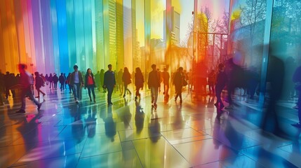 Rainbow colors, fast moving people in the city, LGBTQ concept. Generative AI.