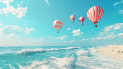 Fototapeta premium A group of hot air balloons are flying over the ocean