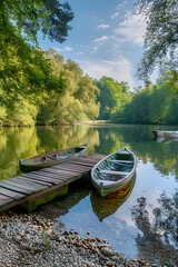 Serene Riverbank with Wooden Dock and Boats Reflecting Lush Greenery Evokes Tranquility and Natural Beauty