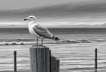 Sketch lines seagull standing proudly on a weather