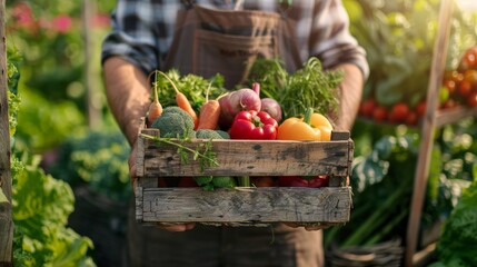 farmer holding wooden box full of fresh vegetables. harvesting season. basket with vegetables in the hands of a farmer background, healthy, organic, food, agricultur