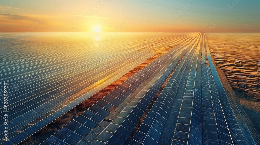 Poster a massive amount of solar panels spread over a plain, bird view. generative ai.