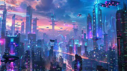 A futuristic city at night with tall buildings, neon lights, and flying cars.

