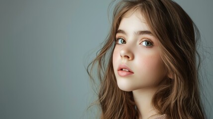 Naklejka premium portrait of a beautiful young caucasian white American model teen girl looking forward. child ad with copy space, children, beauty, pretty