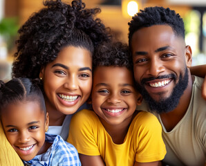 A happy family with two children smiling at the camera, a photo portrait on a blurred background, concept of happiness and togetherness. Generative AI