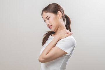 Pain body muscles stiff problem, asian young woman, girl painful with neck pain body ache from work, holding massaging rubbing shoulder hurt, sore on white background. Health care and medicine concept