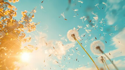 Delicate dandelion seeds dancing in the breeze against a bright spring sky