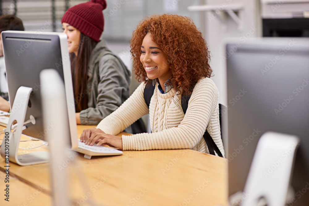 Poster woman, student and computer for affirmative action, online course and study with scholarship resourc